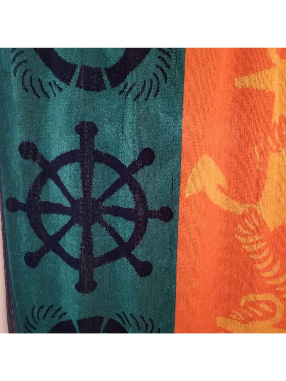 Vtg La Plage by Espalma Beach Towel Green Orange Anchor Nautical Cotton Terry